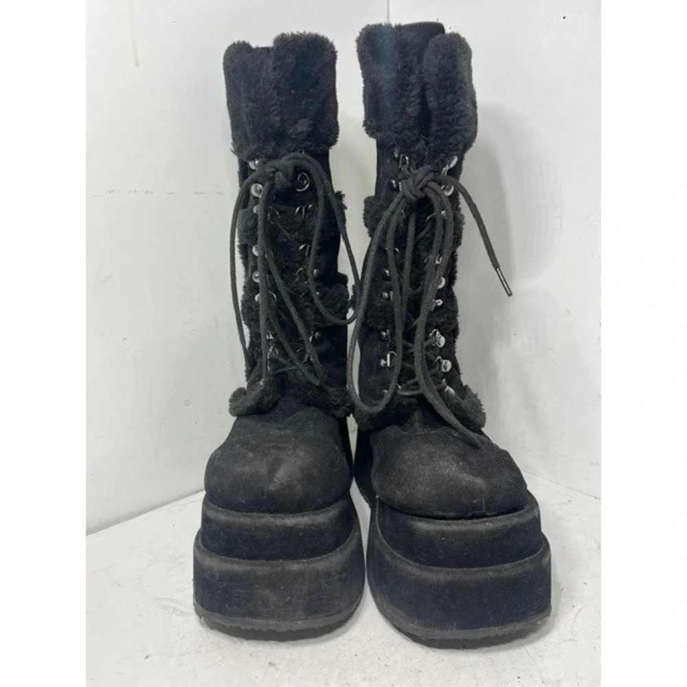 Demonia Bear-202 Black Faux Suede Fur Trim Platform Wedge Boots Womens 10